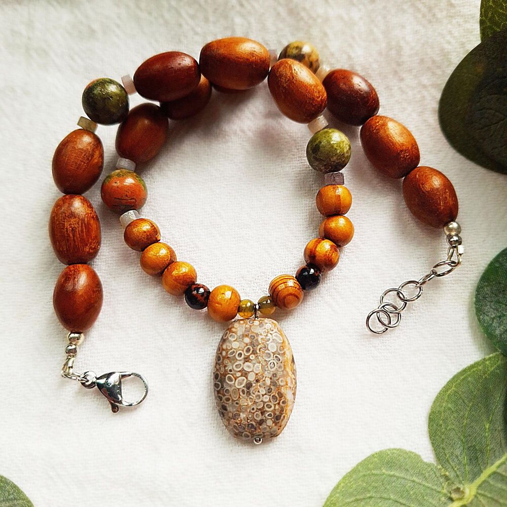 Chunky Wood & Stone Pendant Necklace, Jasper Unakite Beaded Necklace, Hippie